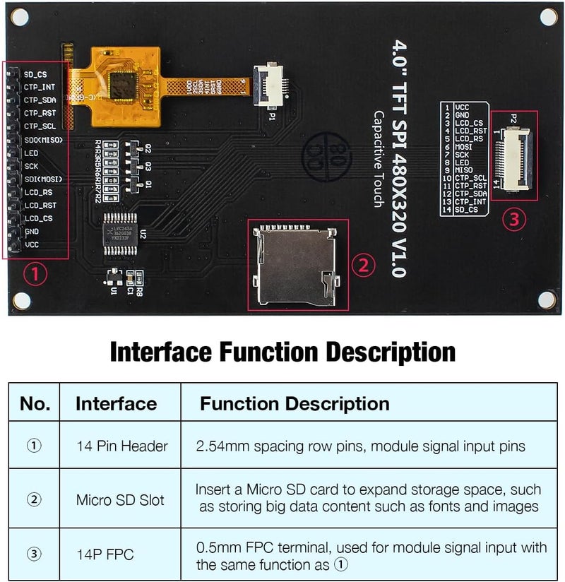 Hosyond شاشة LCD تعمل باللمس سعة 4.0 بوصة 320x480 TN مع وحدة تحكم ST7796S تسلسلية SPI لأردوينو R3/Mega2560/ESP32 - Image 2